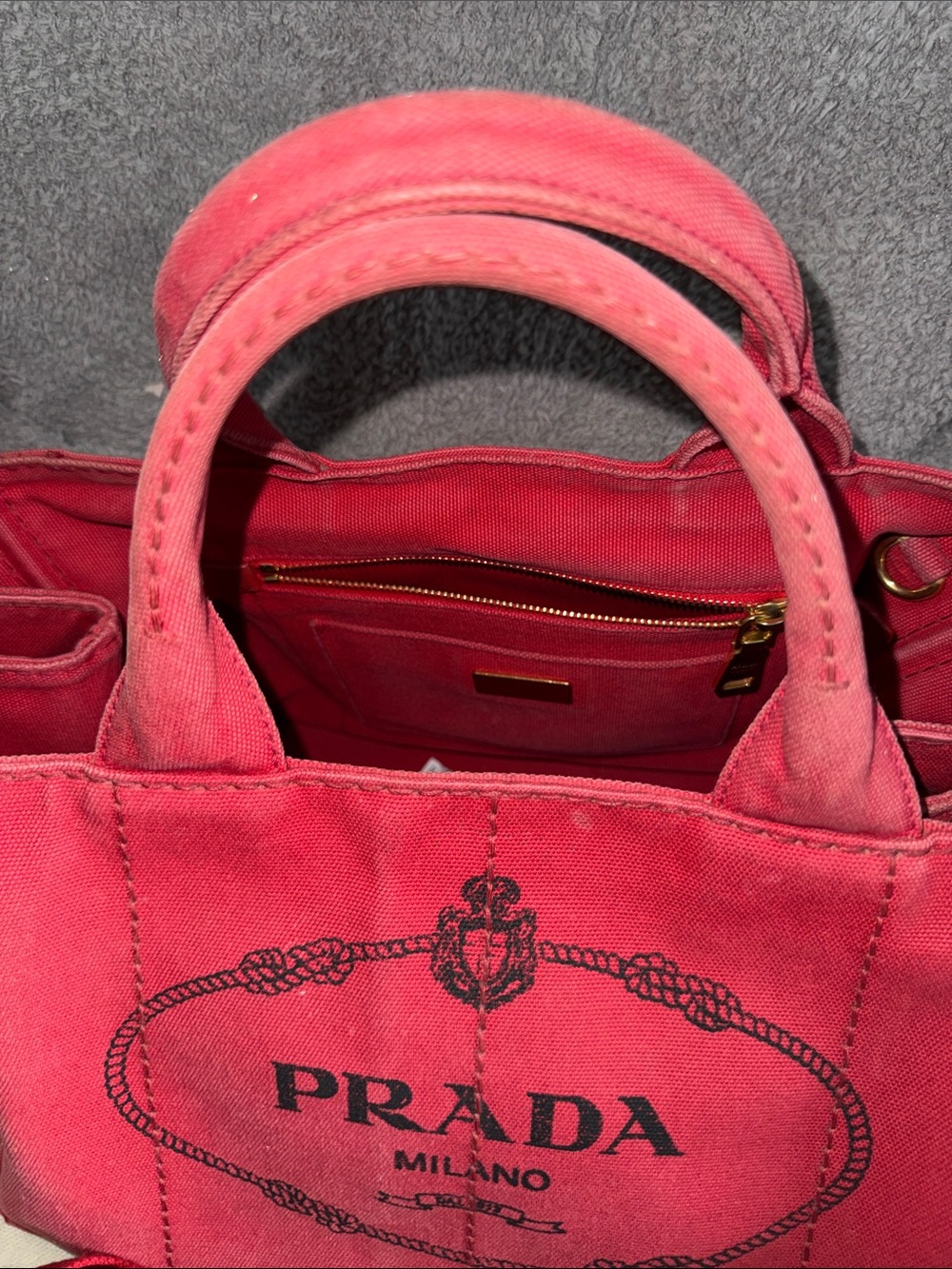 Prada Canapa Pink-Red Canvas Tote with Gold Hardware - Picture 15 of 16